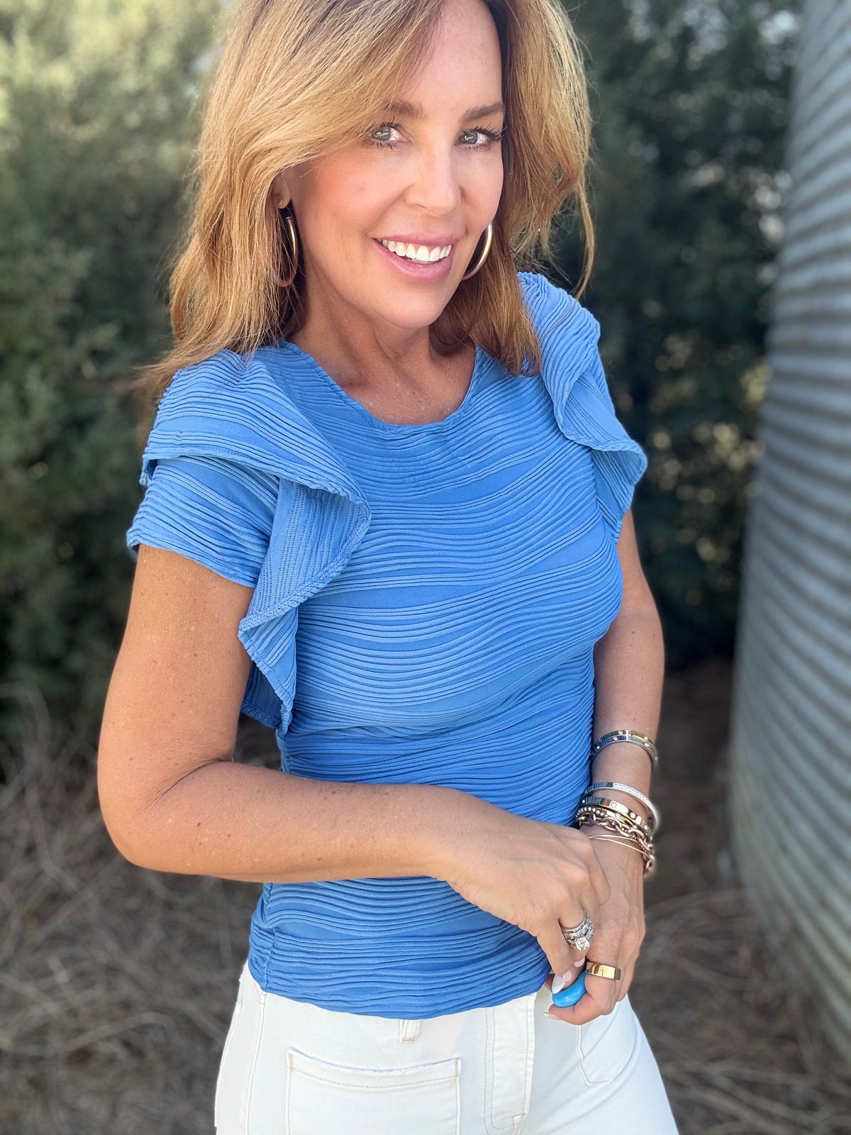 Textured Round Neck Cap Sleeve Top