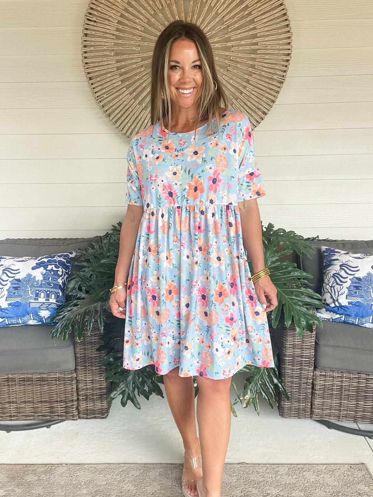 BOMBOM Floral Shirred Dress with Pockets