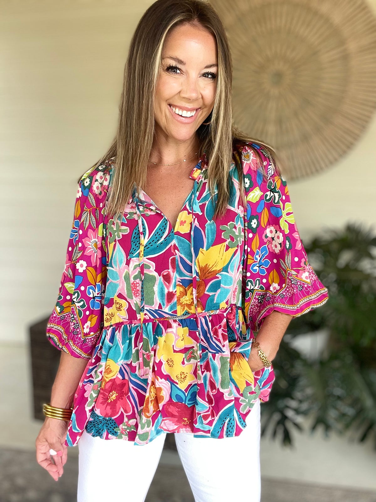 Umgee Full Size Floral Print Tie Neck Peplum Blouse