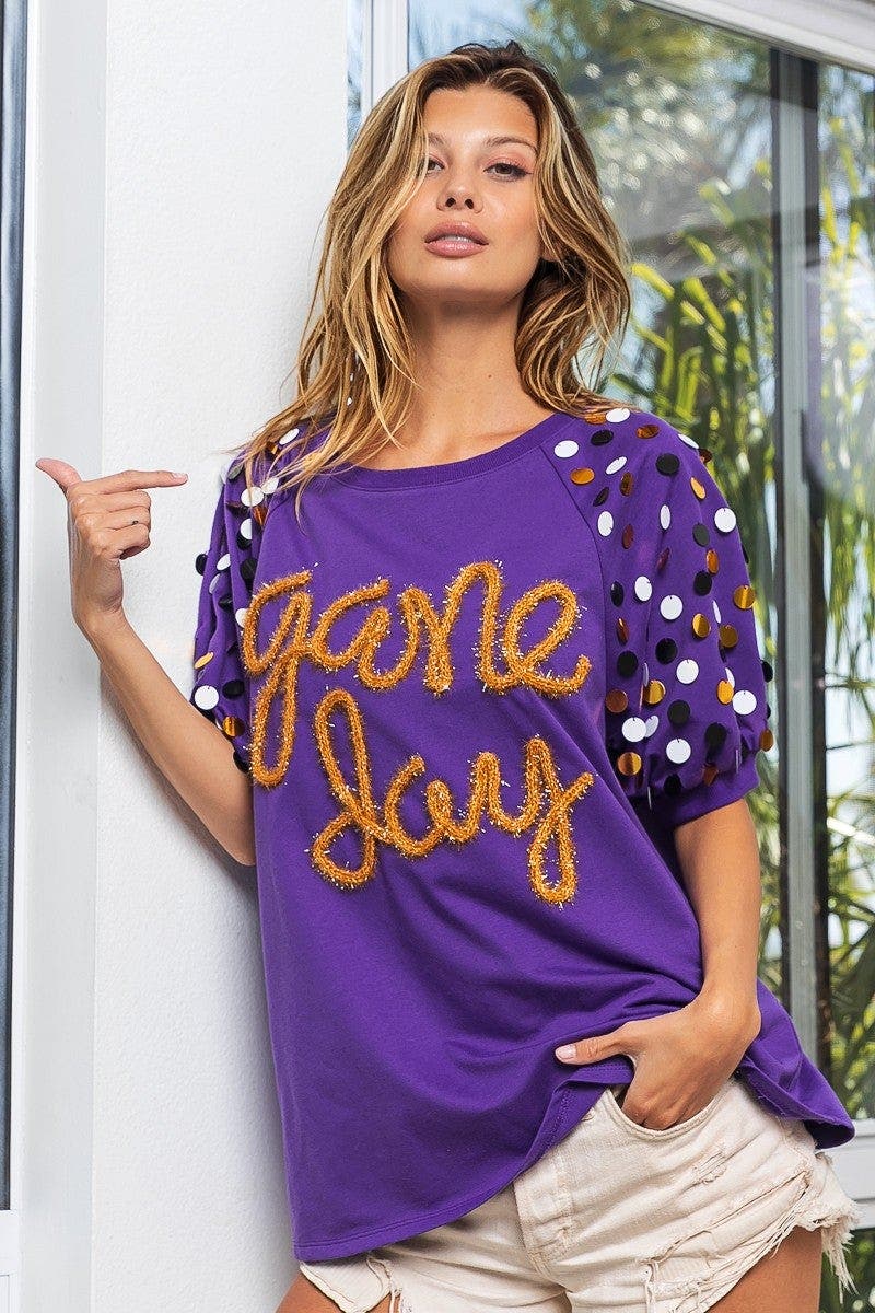 BiBi Game Day Metallic Letter Spangle Sleeve Top