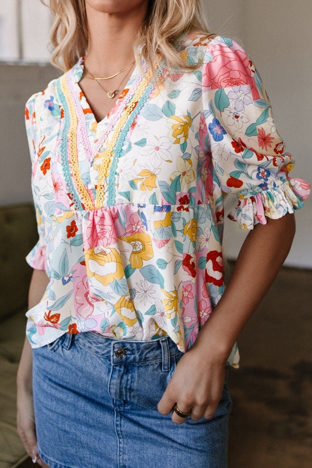 Boho Flower Print Half Puff Sleeve Blouse