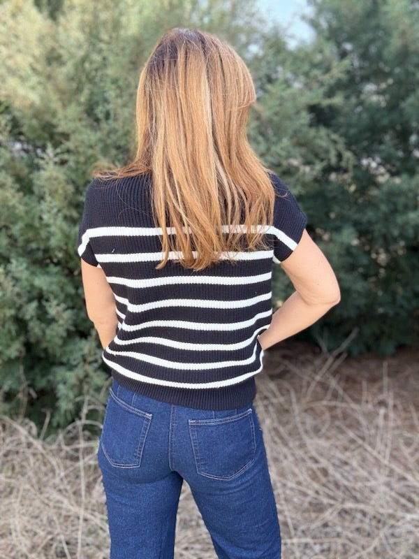 Devine Striped Mock Neck Short Sleeve Sweater