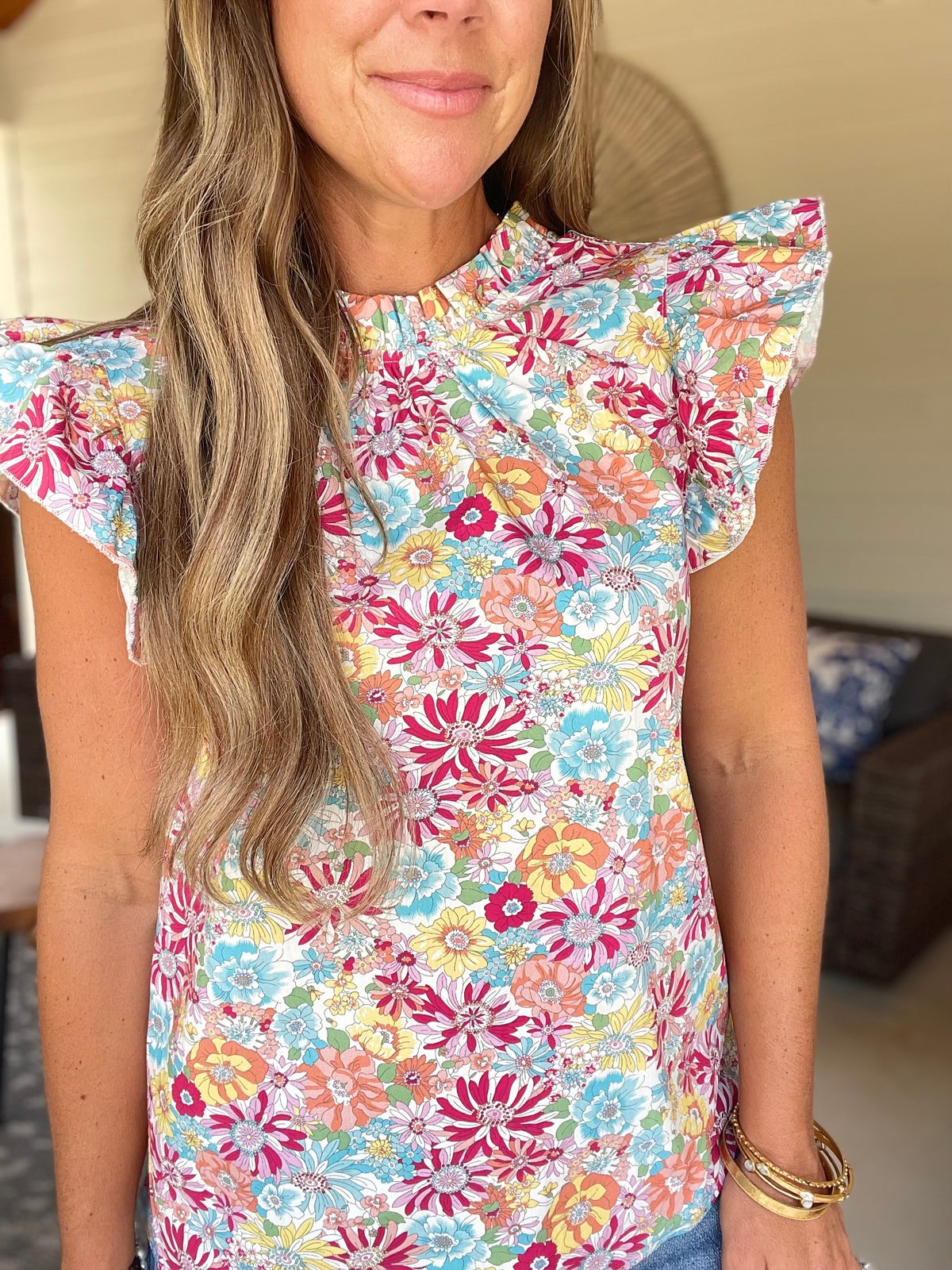 Multicolour Floral Pleated Detail Flutter Sleeve Blouse