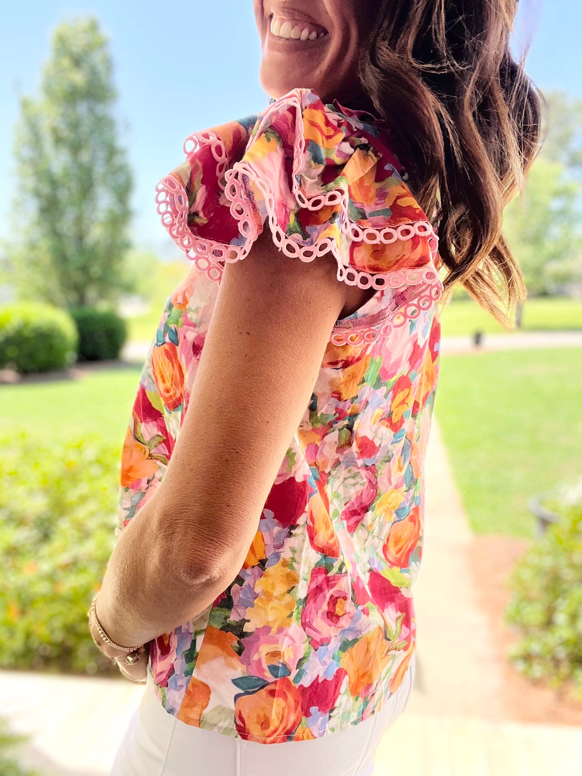 Lace Trim Ruffle Cap Sleeve Floral Blouse