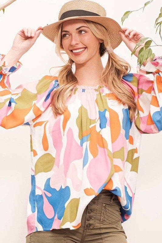 Lime 'N' Chili Abstract Print Off-the-shoulder Long Sleeve Top
