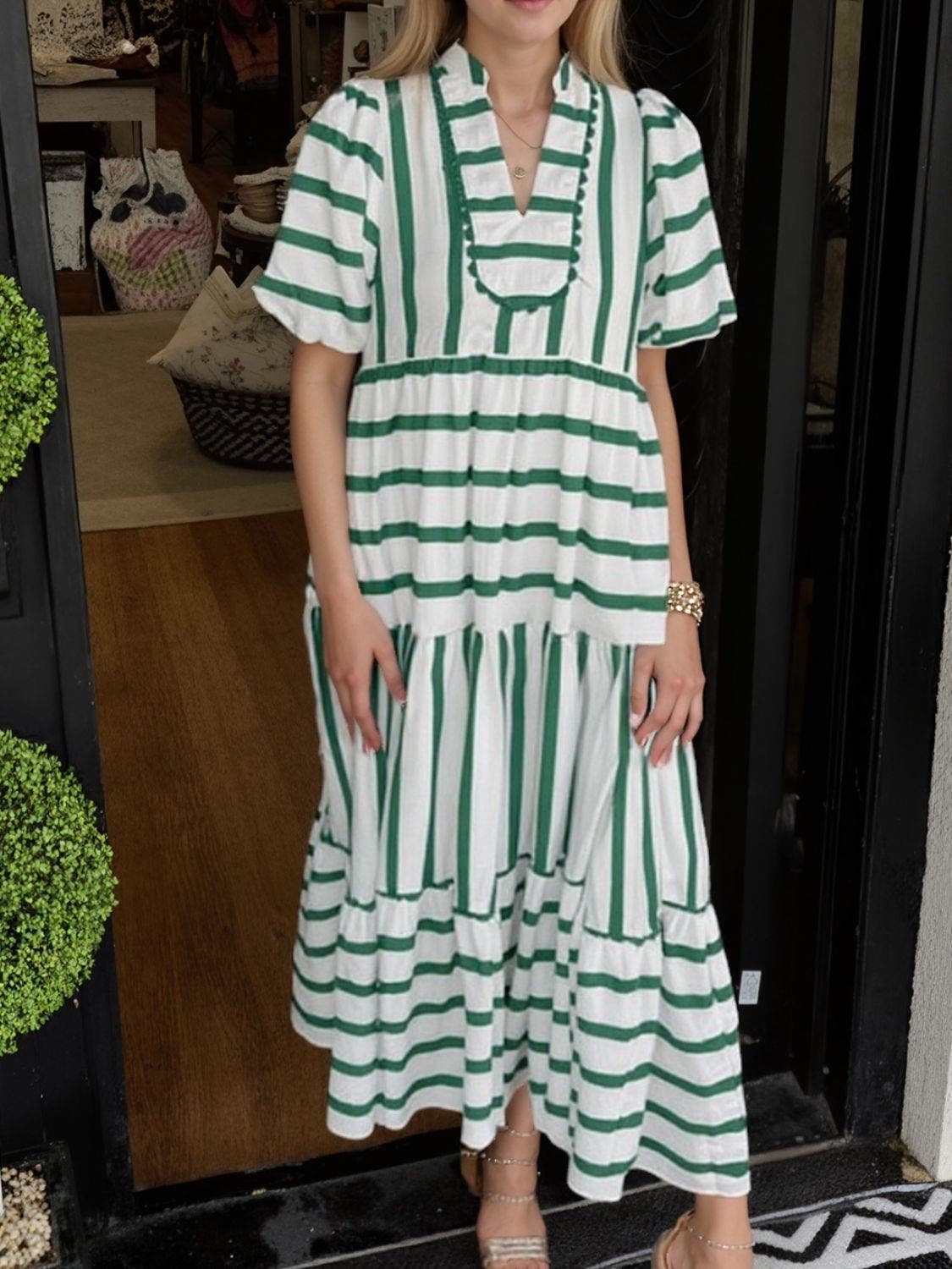 Striped Notched Puff Sleeve Midi Dress