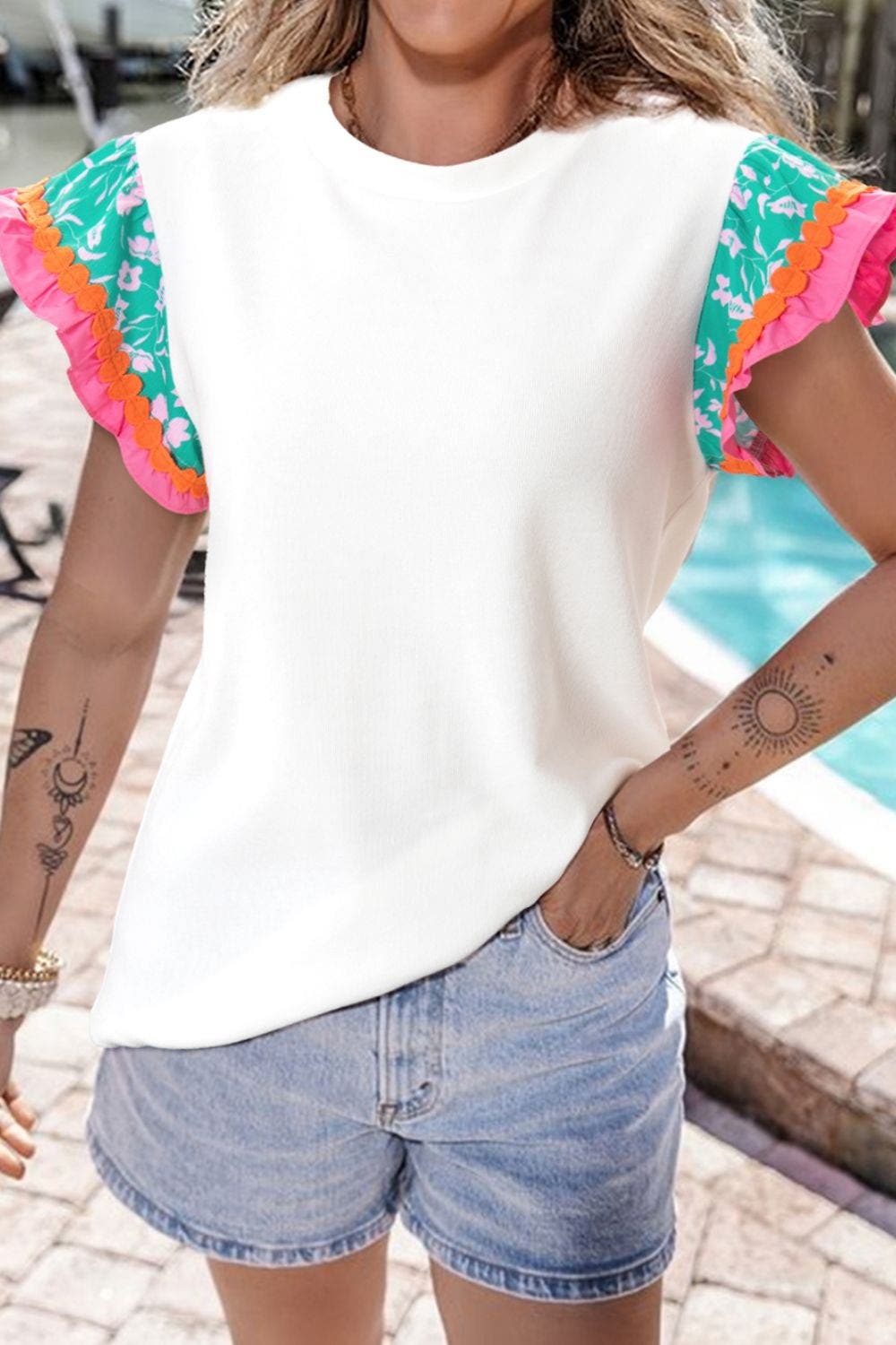Ruffled Round Neck Cap Sleeve Top