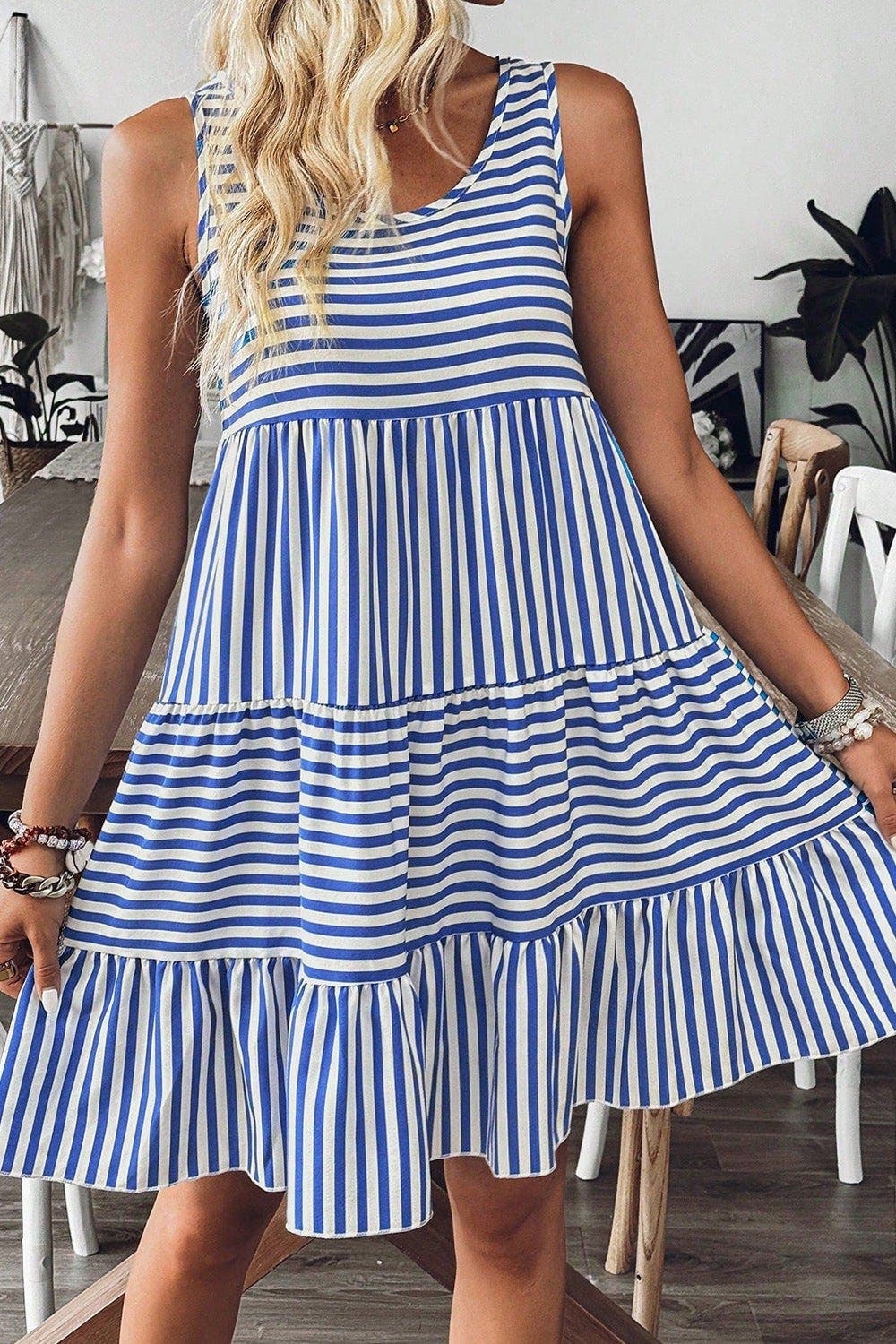 Striped Round Neck Sleeveless Mini Dress