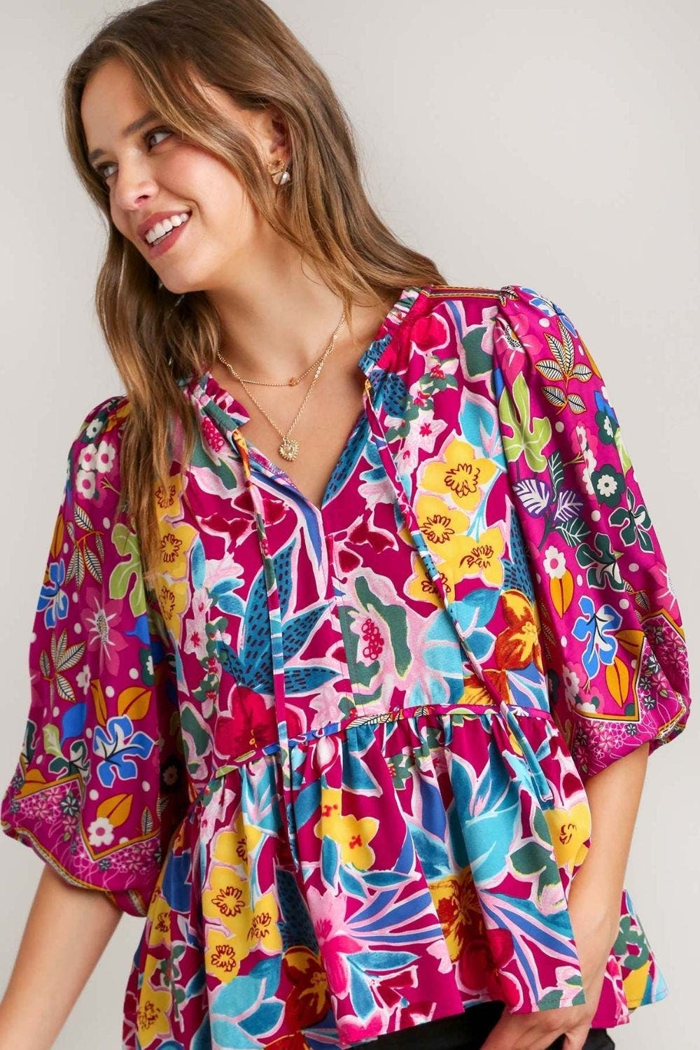 Umgee Full Size Floral Print Tie Neck Peplum Blouse