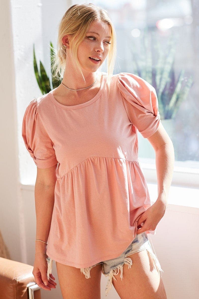 BiBi Cotton Span Knit with Puff Sleeve Baby Doll Top