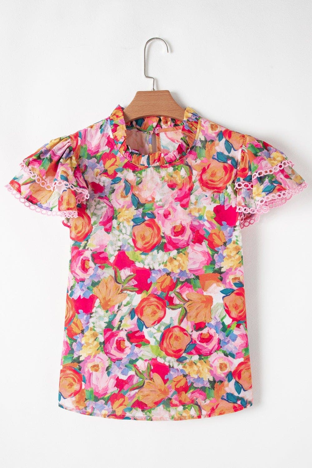 Lace Trim Ruffle Cap Sleeve Floral Blouse