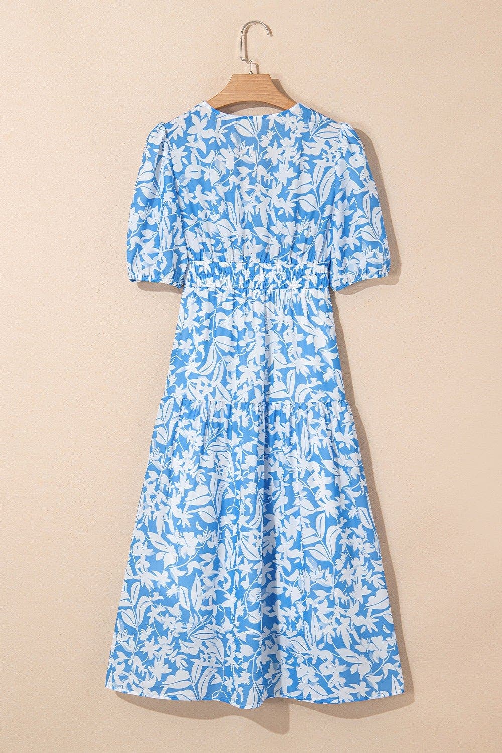 Floral V Neck Puff Short Sleeve Flowy Dress