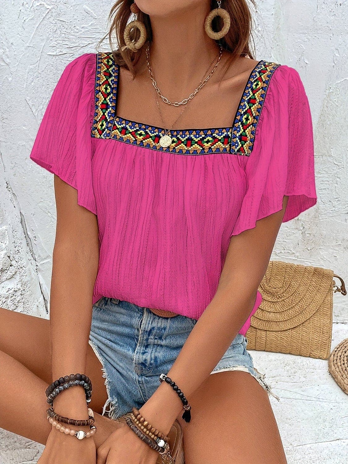 Contrast Square Neck Flutter Sleeve Blouse