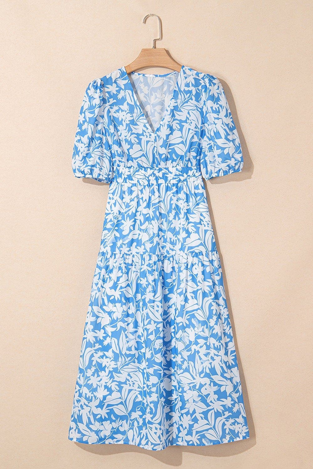 Floral V Neck Puff Short Sleeve Flowy Dress