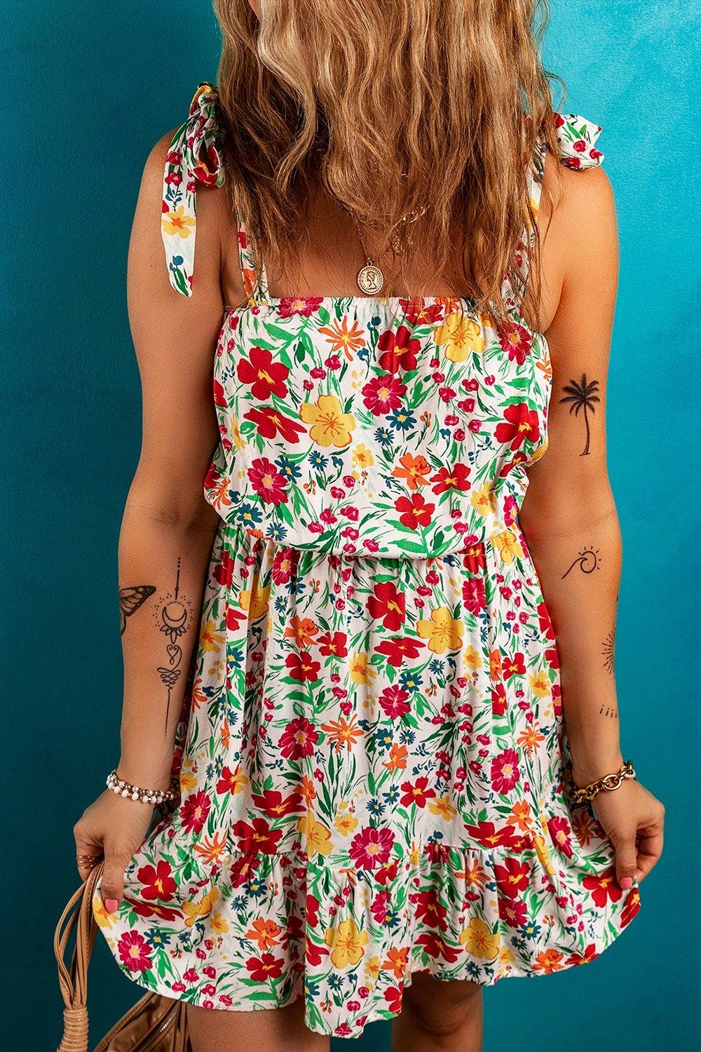 Floral Knotted Straps Cinched Waist Ruffle Hem Mini Dress