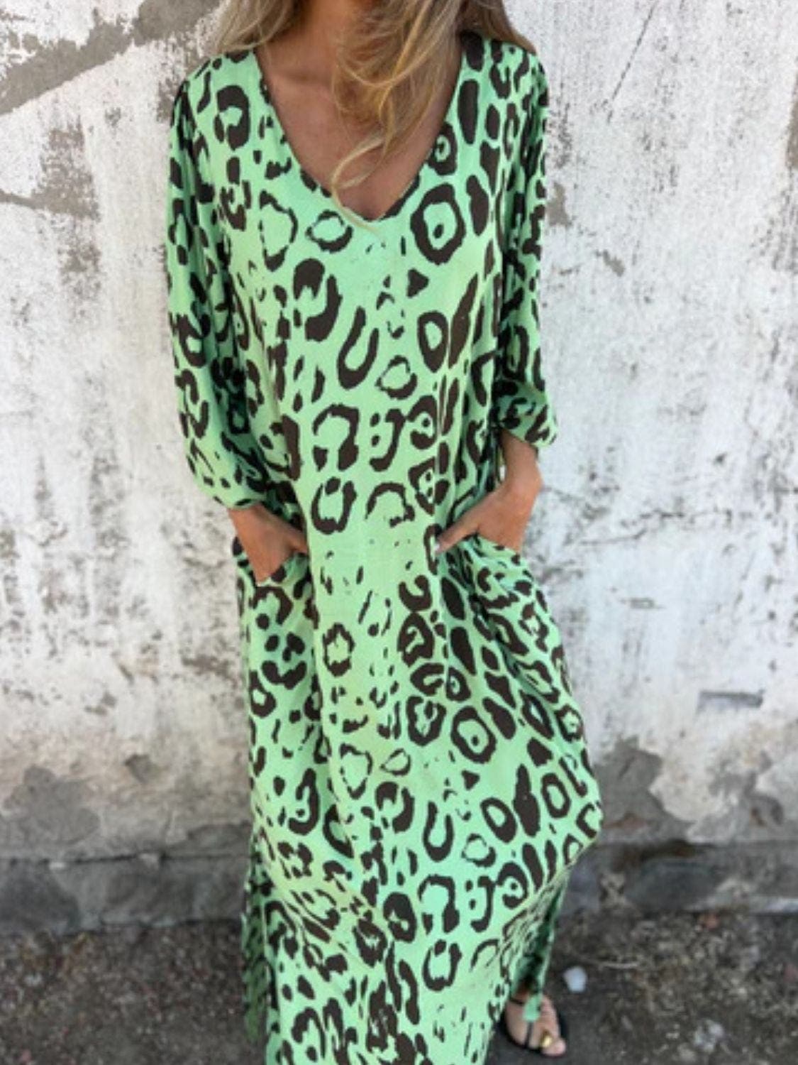 Full Size Printed V-Neck Dress with Pockets Plus Size