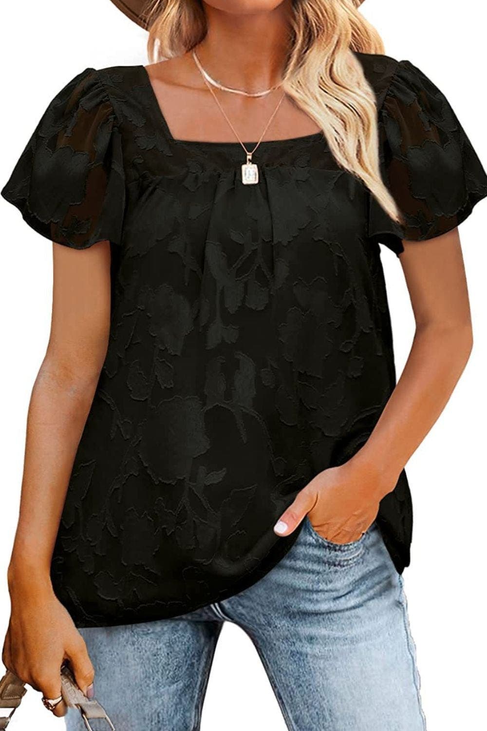 Square Neck Short Sleeve Blouse