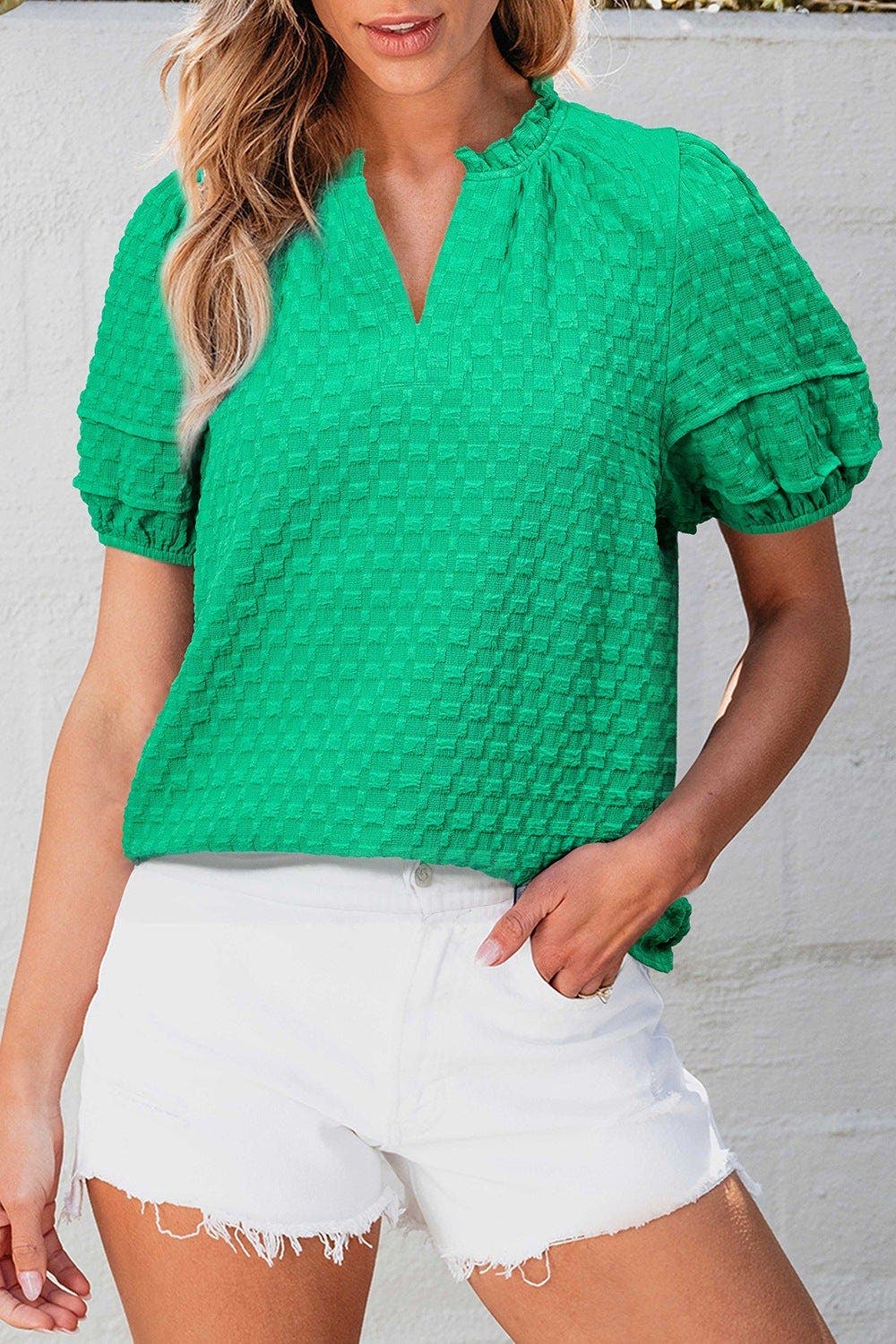 Textured Puff Short Sleeve Notched Top