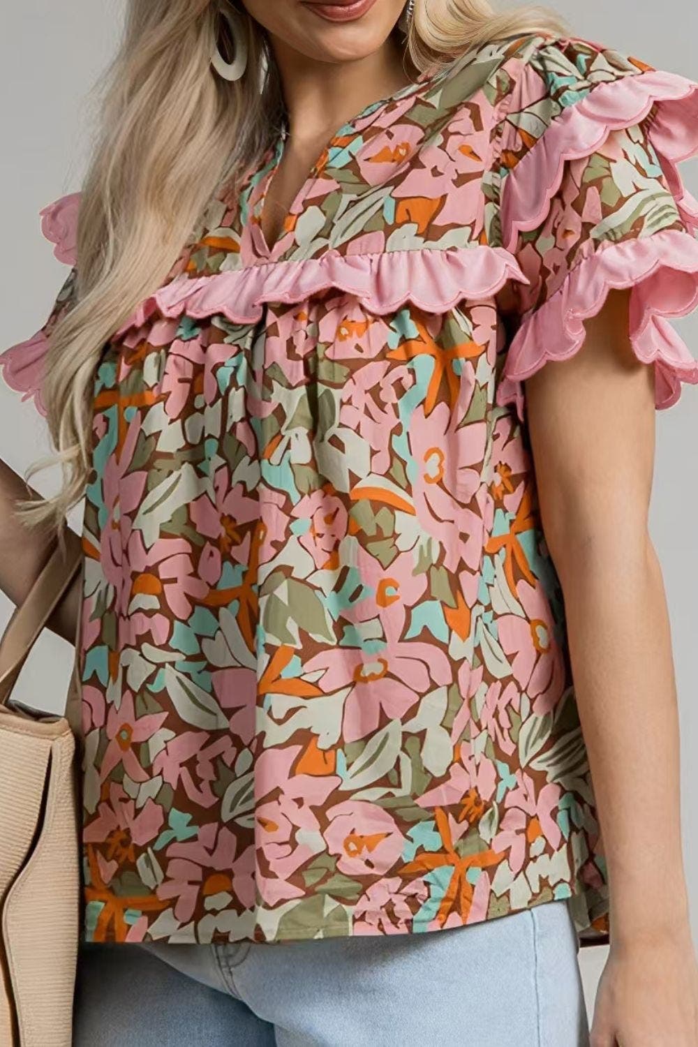 Multicolour Floral Tiered Ruffled Short Sleeve Blouse