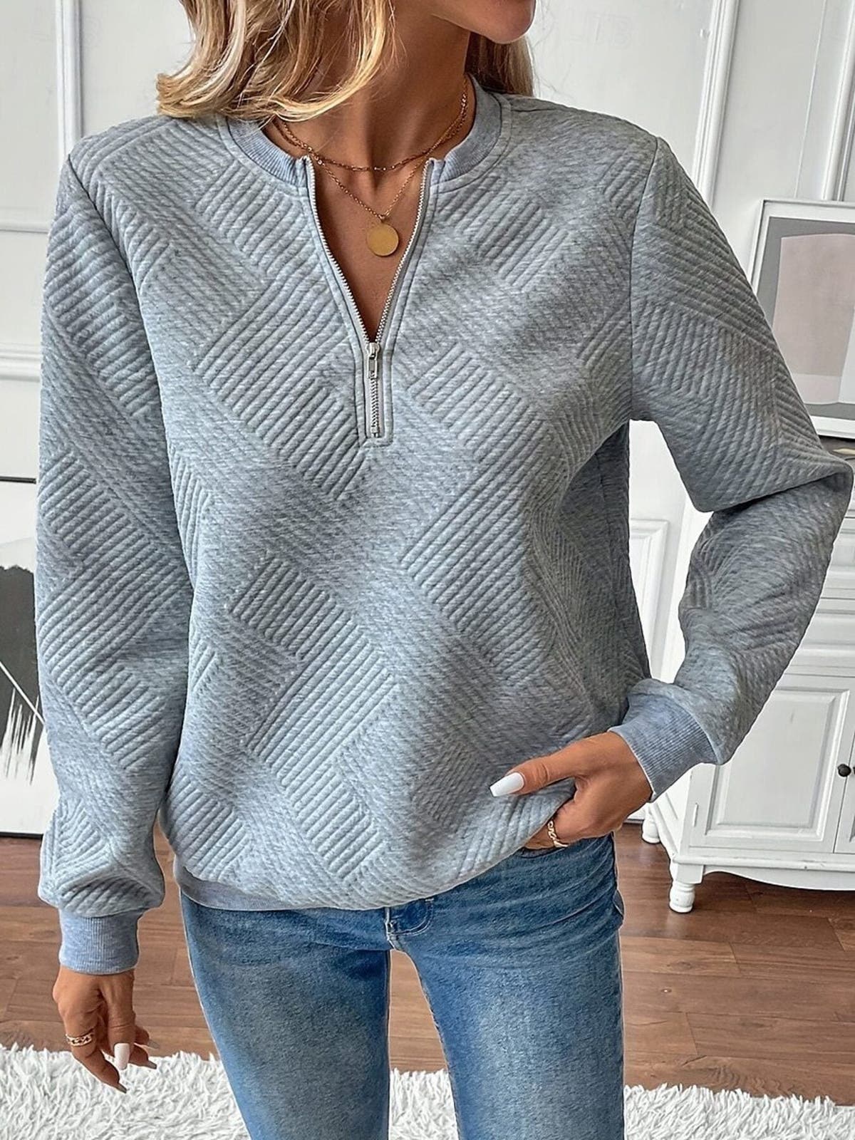 Quarter Zip Textured Long Sleeve Sweatshirt