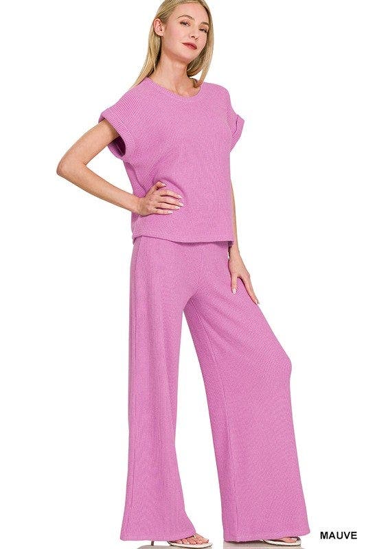 Zenana Rolled Sleeve Top and Pants Sweater Set