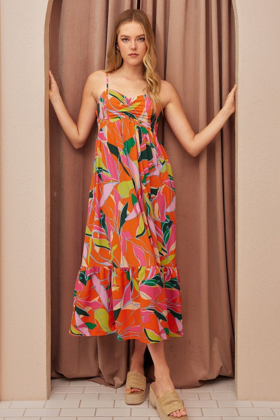 Mittoshop Multicolor Leaf Print Tie Back Maxi Dress