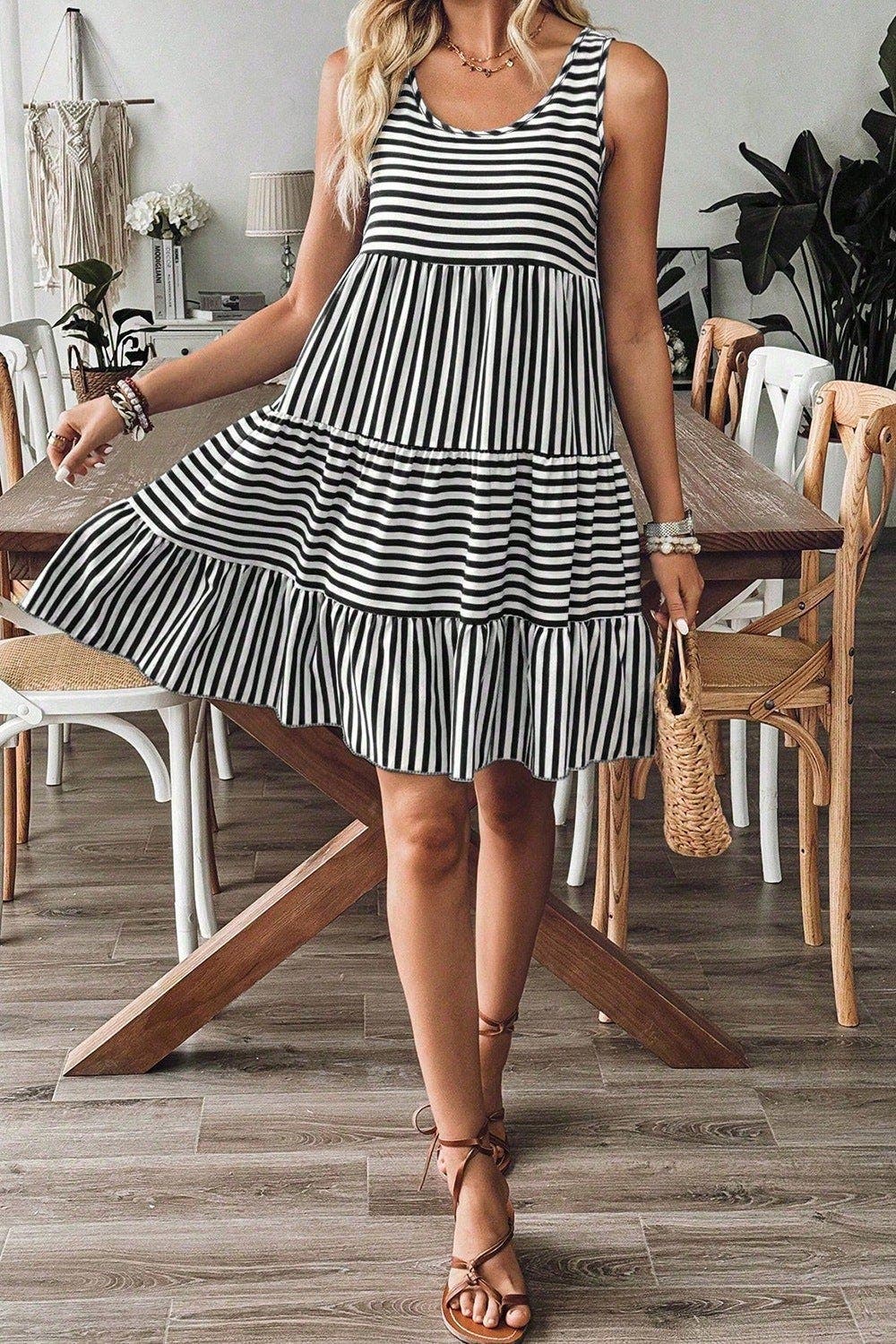 Striped Round Neck Sleeveless Mini Dress