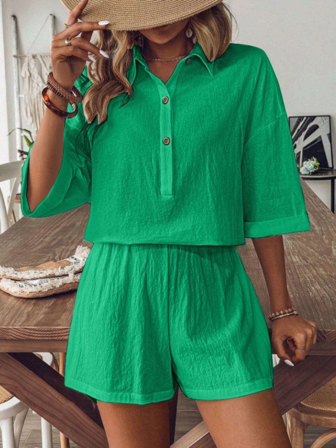 Collared Neck Half Sleeve Top and Shorts Set