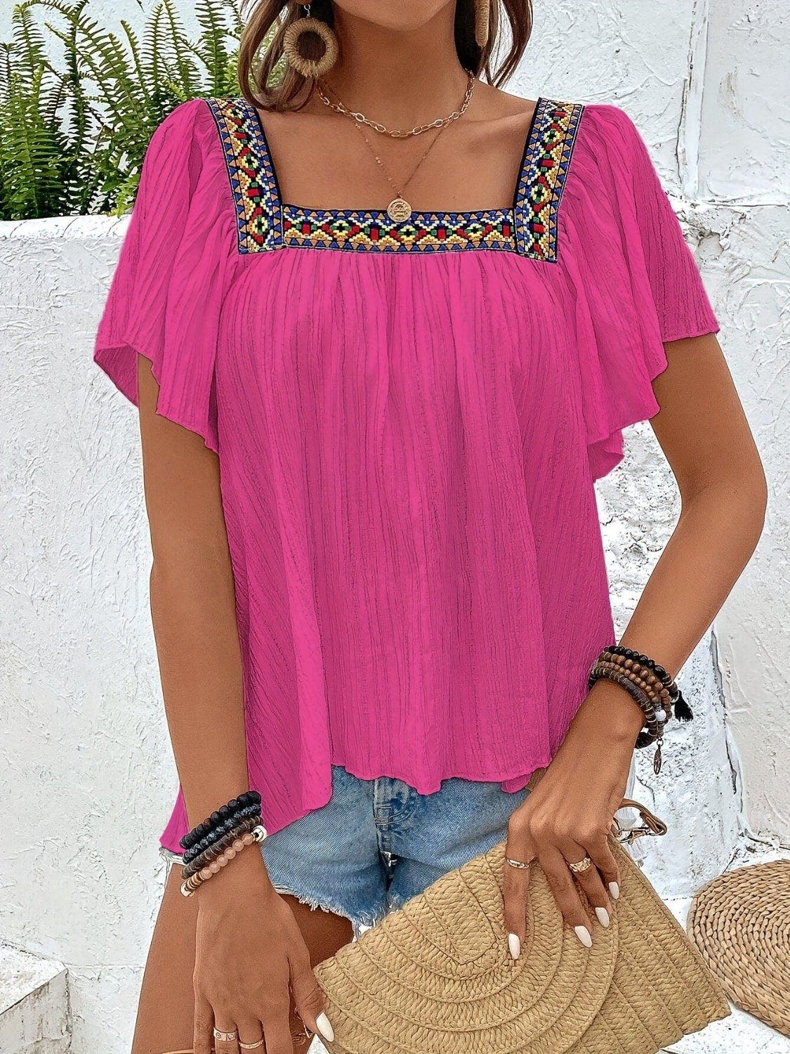 Contrast Square Neck Flutter Sleeve Blouse