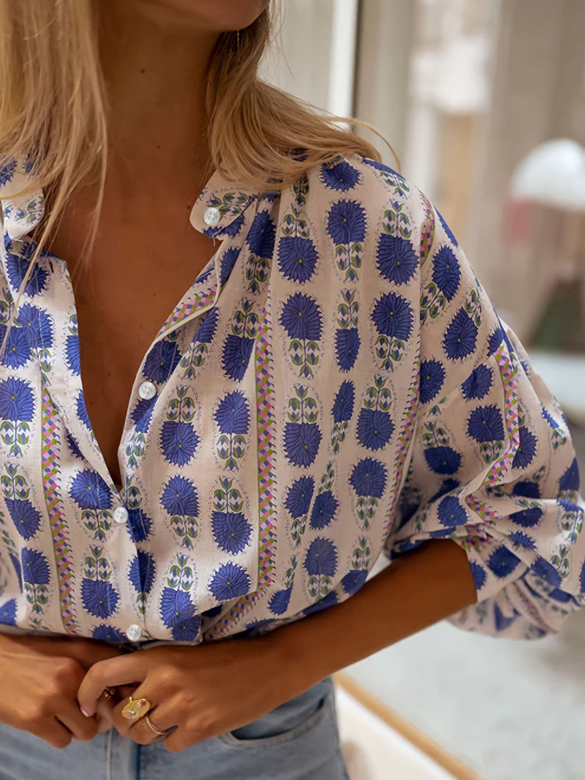Printed Button Up Long Sleeve Shirt
