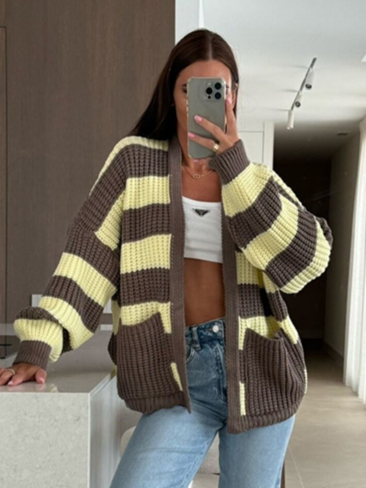 Striped Open Front Long Sleeve Cardigan