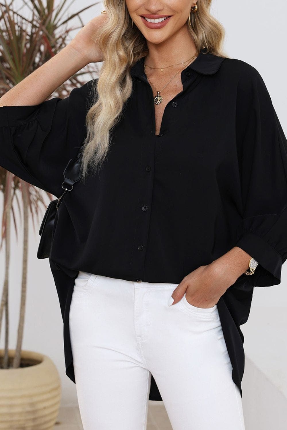 Collared Neck Three-Quarter Sleeve Shirt