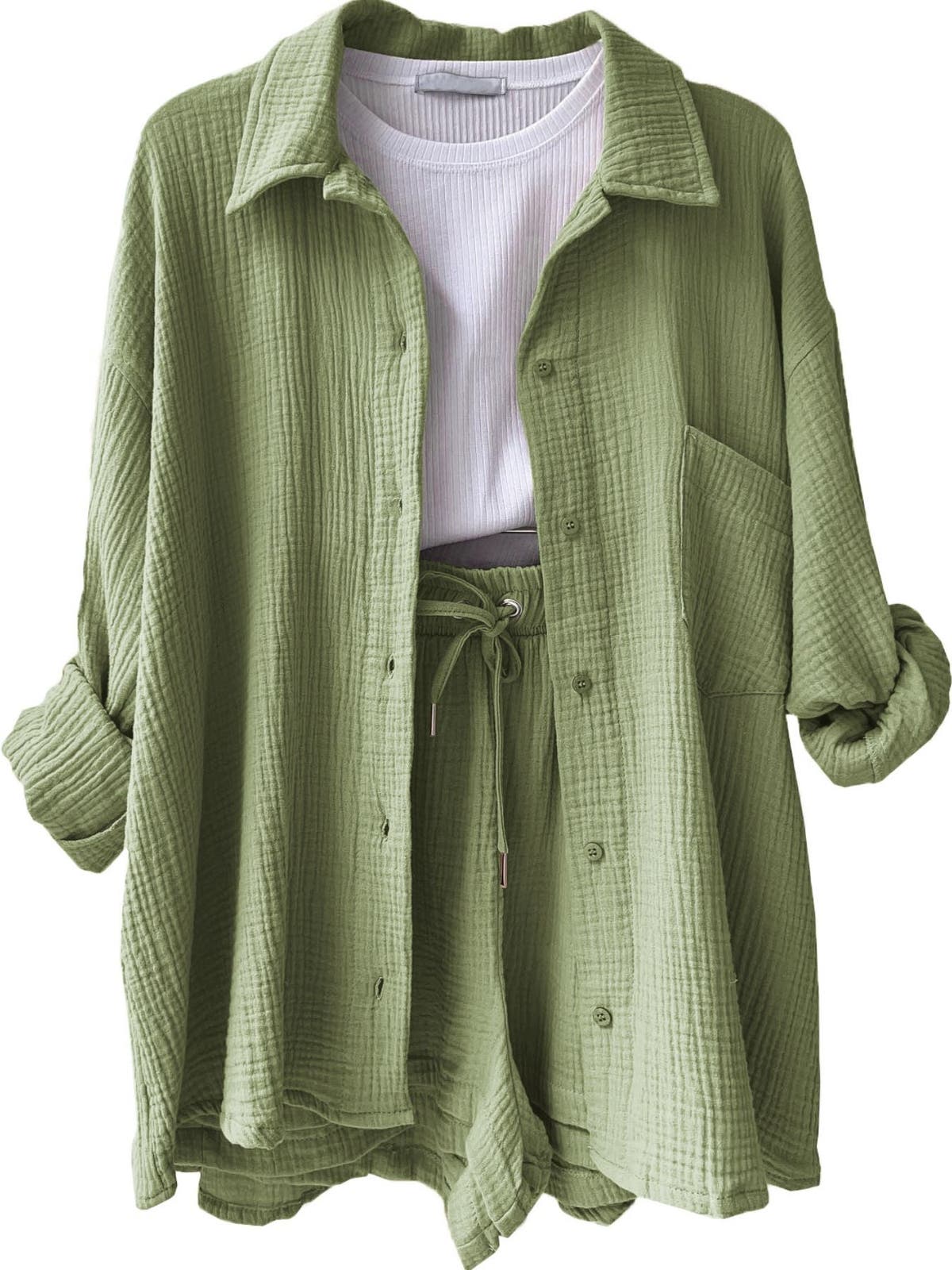 Textured Button Up Shirt and Shorts Set