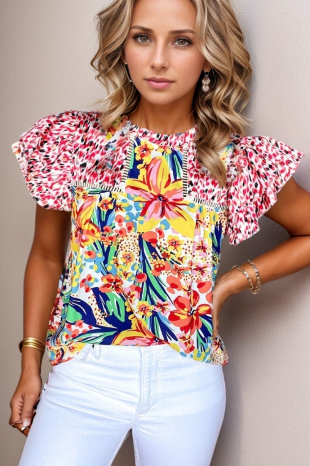 Printed Round Neck Cap Sleeve Blouse