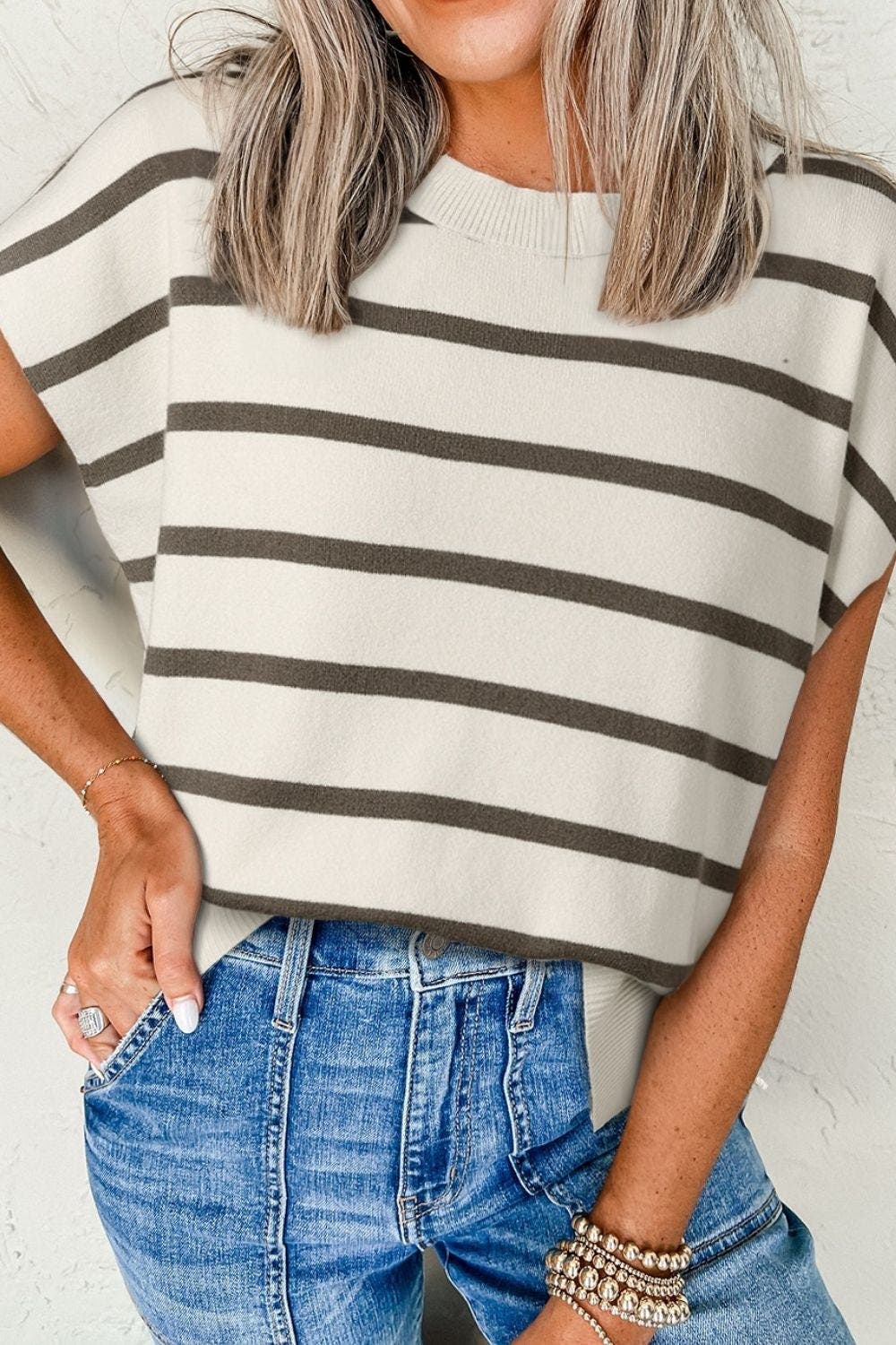 Stripe Side Slits Crewneck Sweater Vest