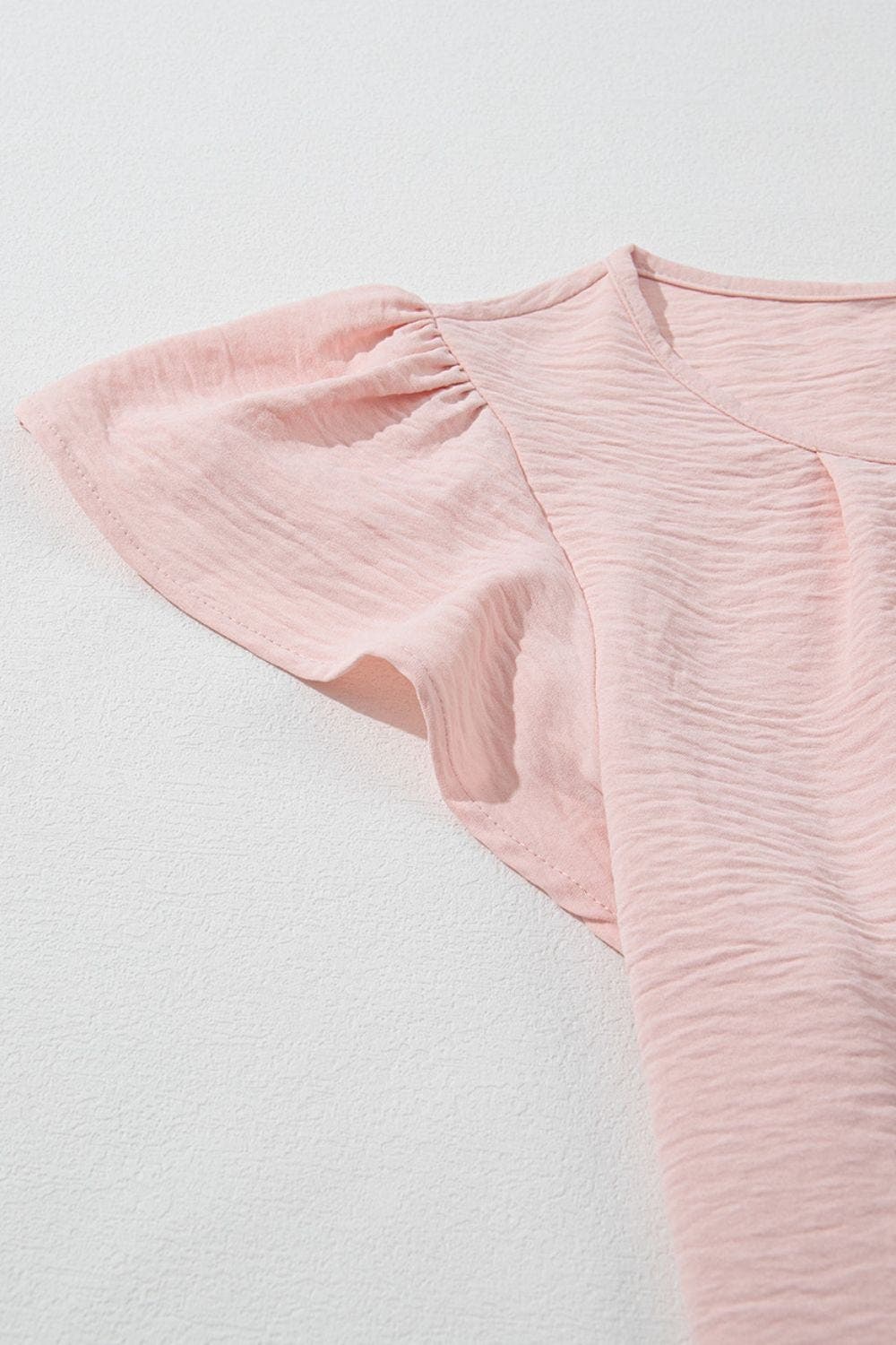 Solid Color Flounce Sleeve Pleated Round Neck Blouse