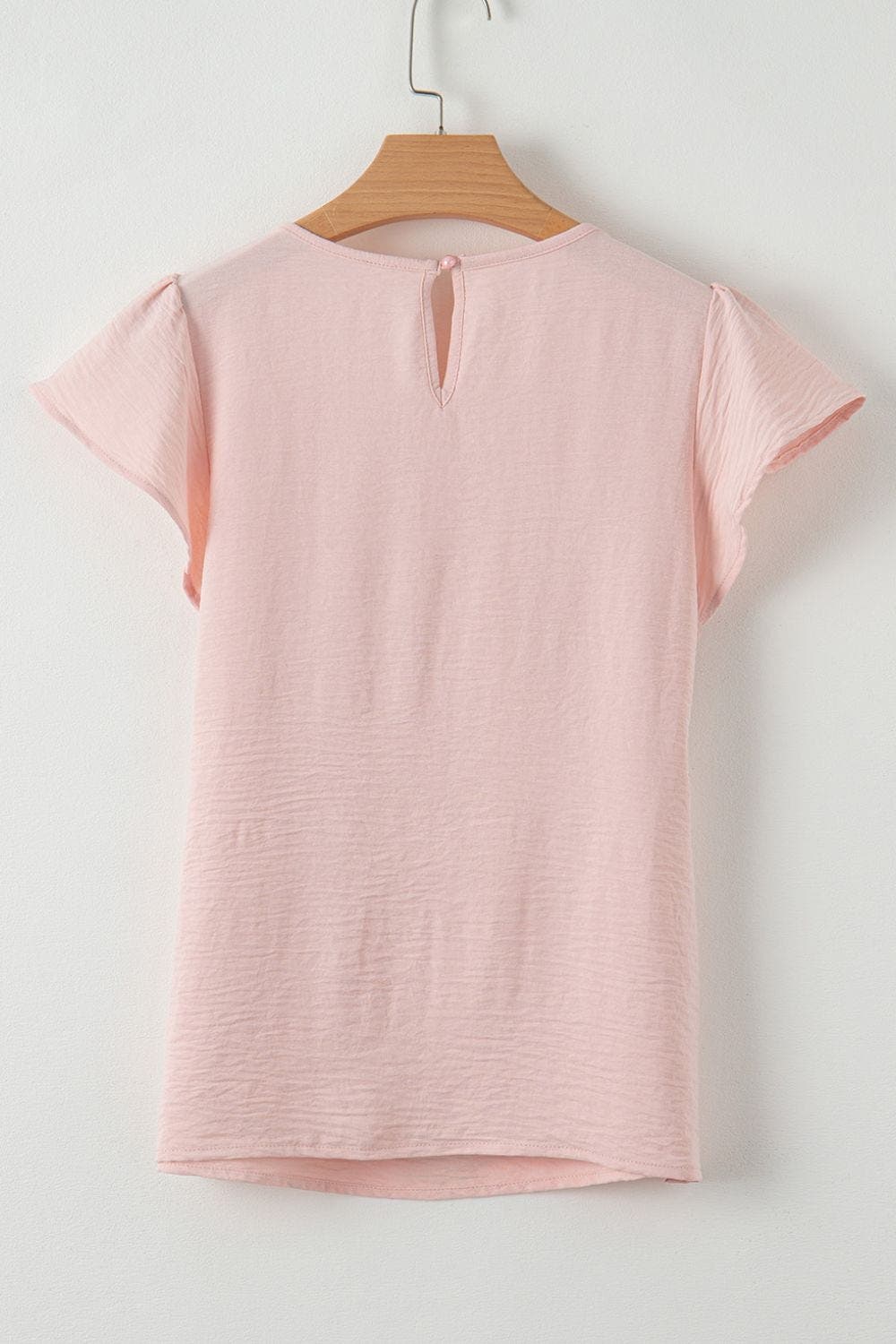 Solid Color Flounce Sleeve Pleated Round Neck Blouse