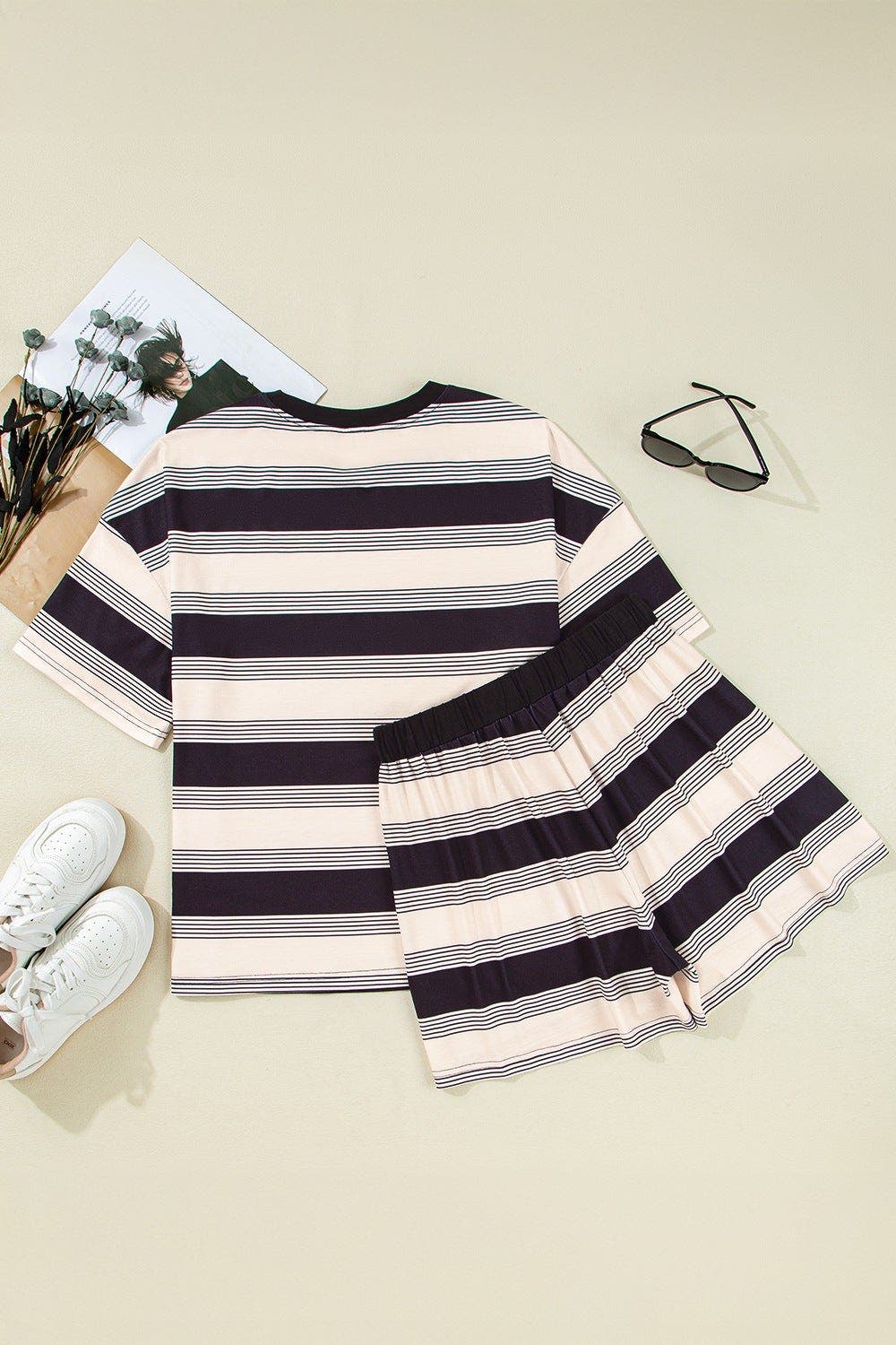 Stripe Half Sleeve T-Shirt and High Waist Pocketed Shorts Set