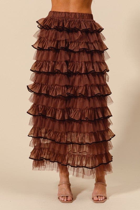 SO ME Layered Ruffled Tulle Maxi Skirt