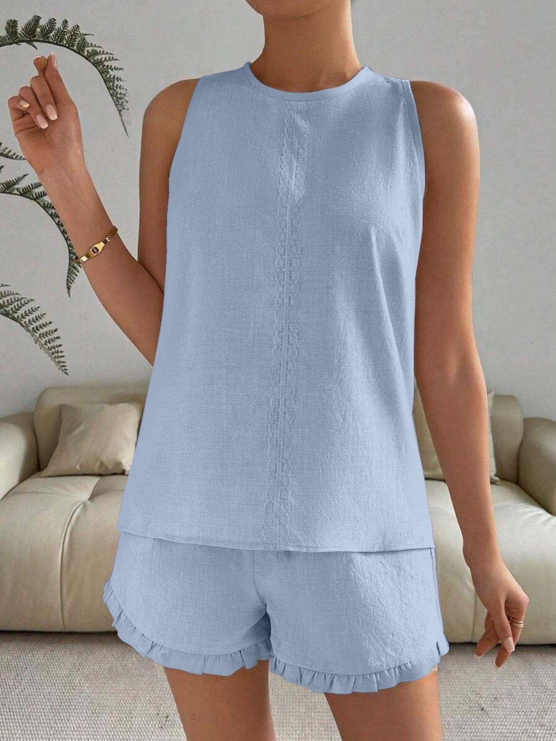 Lace Detail Round Neck Tank and Shorts Set