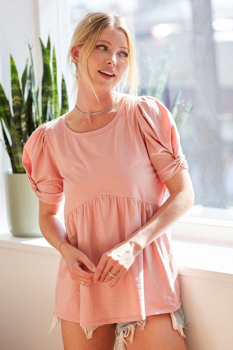 BiBi Cotton Span Knit with Puff Sleeve Baby Doll Top