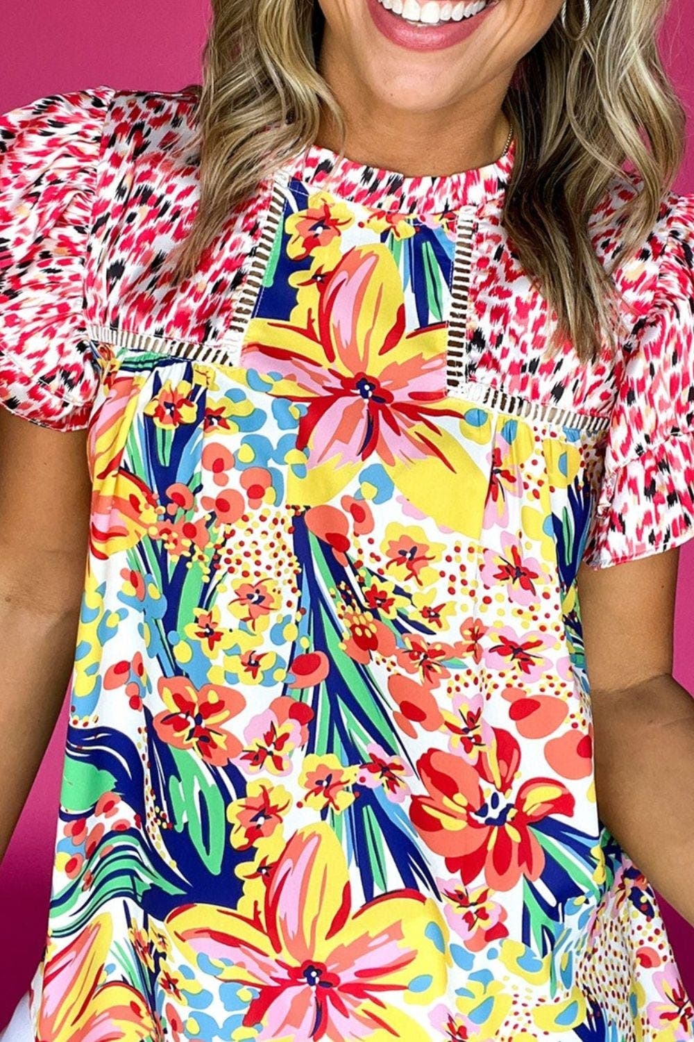 Printed Round Neck Cap Sleeve Blouse