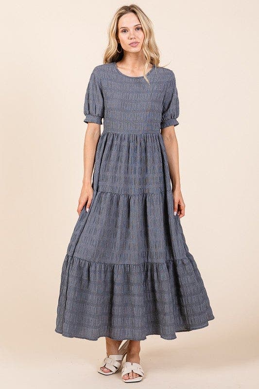 BOMBOM Textured Short Sleeve Tiered Dress
