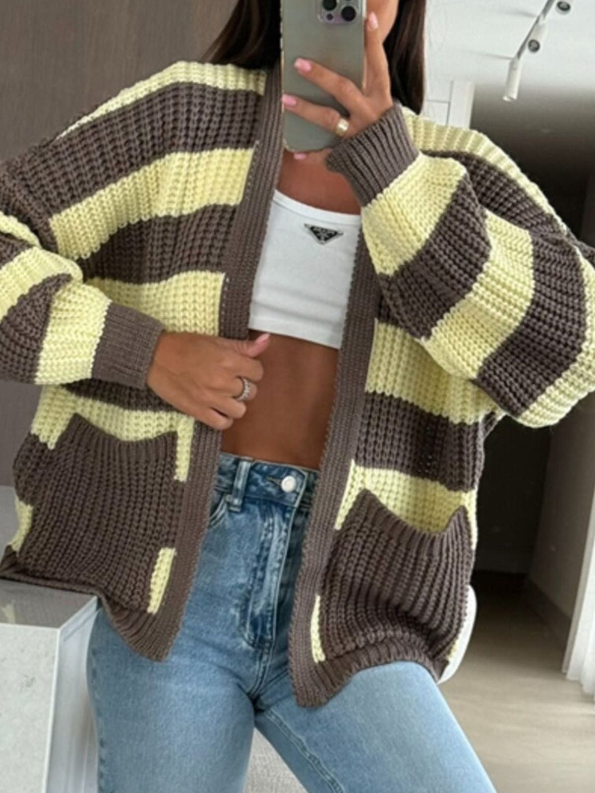 Striped Open Front Long Sleeve Cardigan