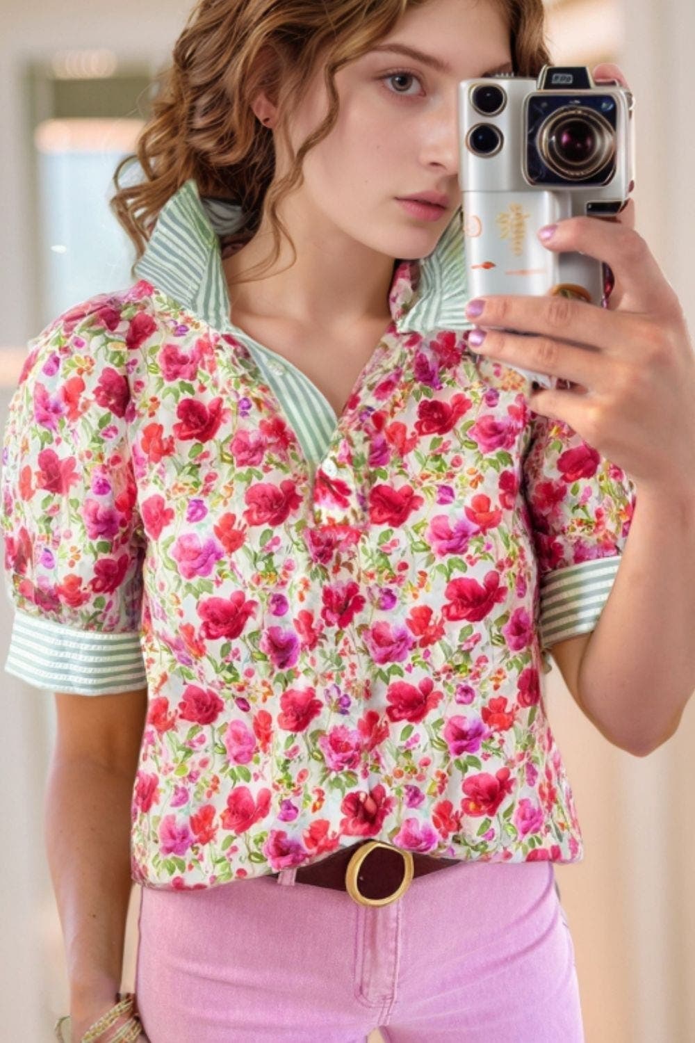 Printed Collared Neck Short Sleeve Blouse