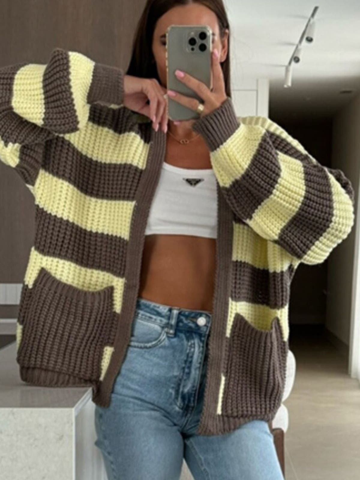 Striped Open Front Long Sleeve Cardigan