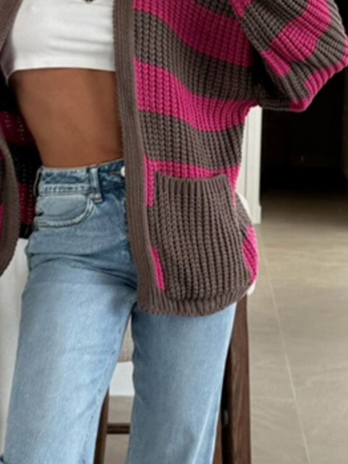 Striped Open Front Long Sleeve Cardigan