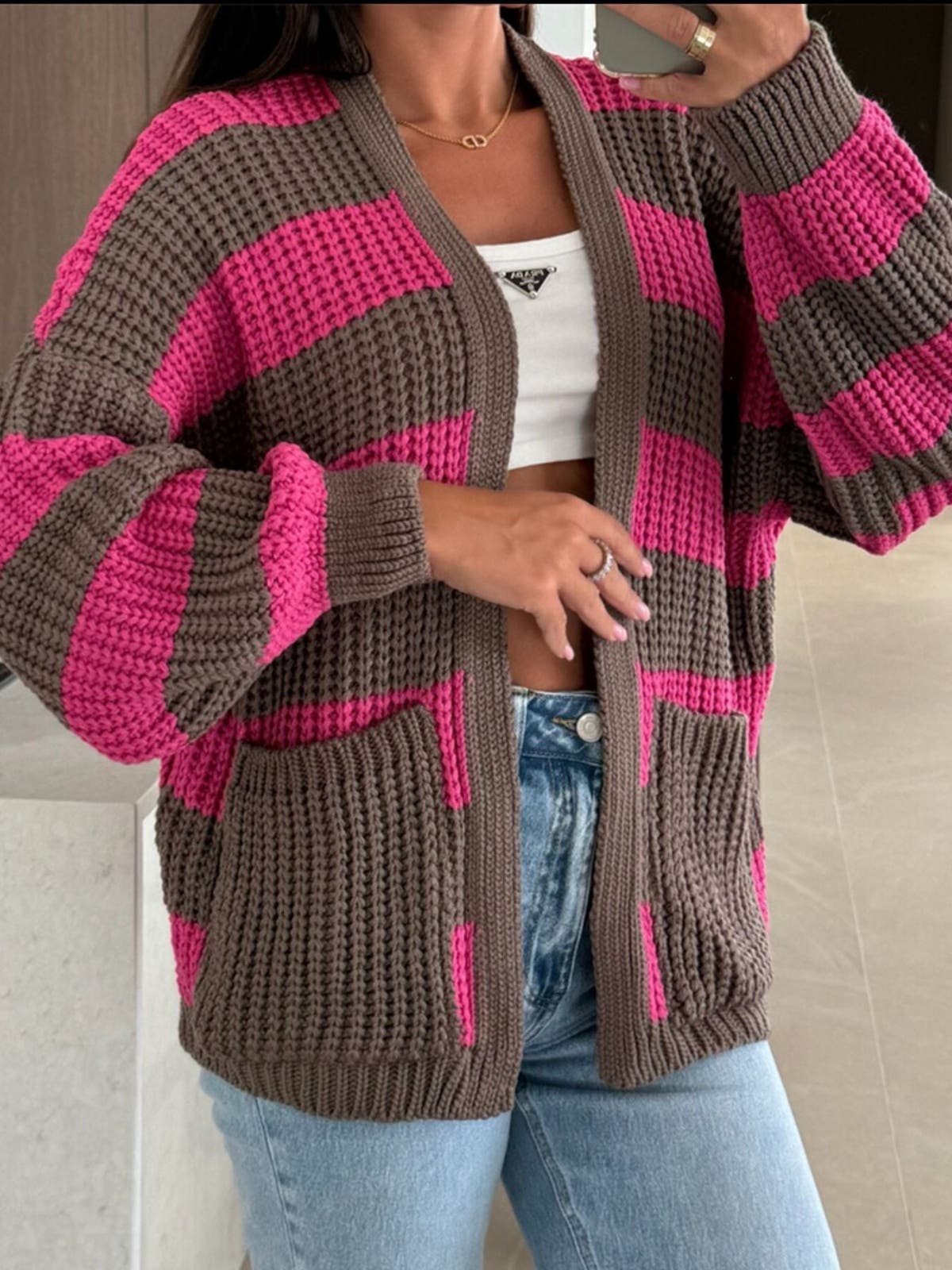 Striped Open Front Long Sleeve Cardigan