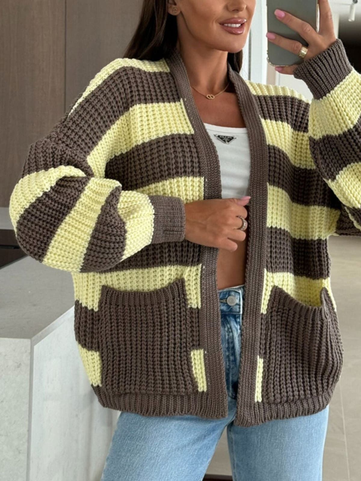 Striped Open Front Long Sleeve Cardigan