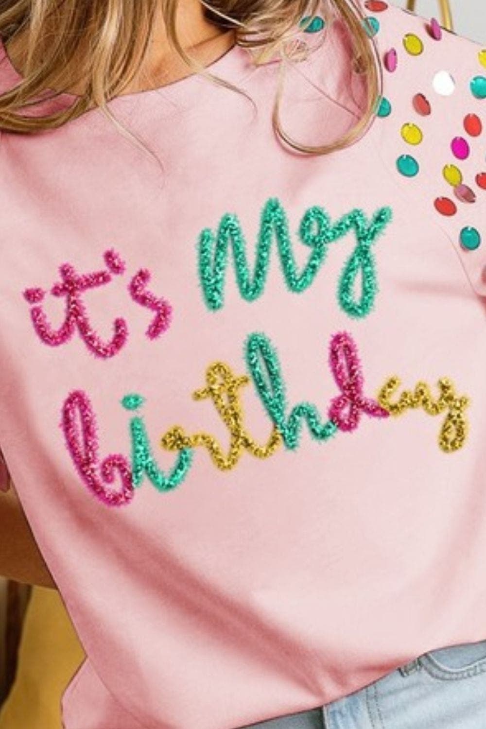 BiBi Metallic Letter Spangle Raglan Puff Sleeve Top